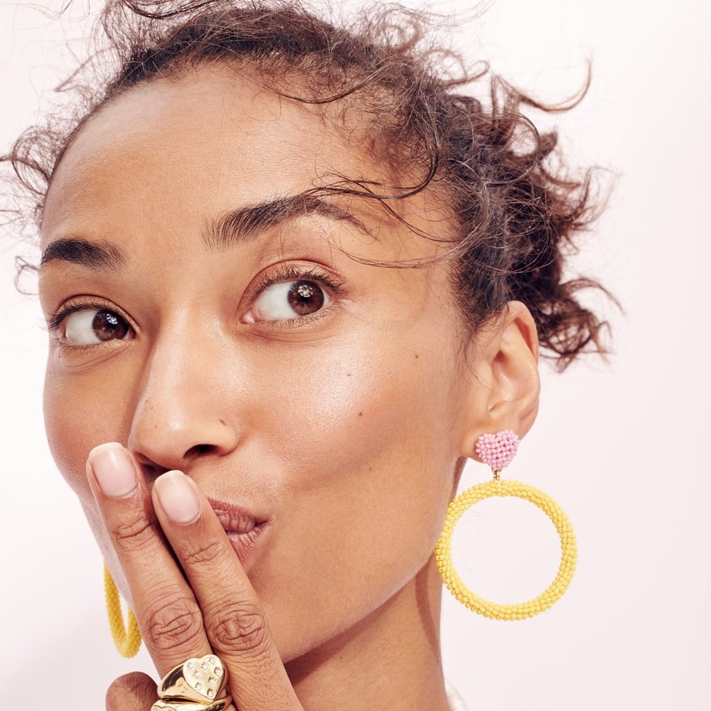 J Crew x Alison Lou pink heart yellow beaded hoops